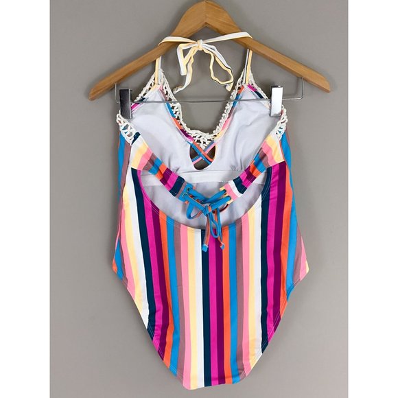 California Sunshine Swim Crochet Multi Color Striped Halter One